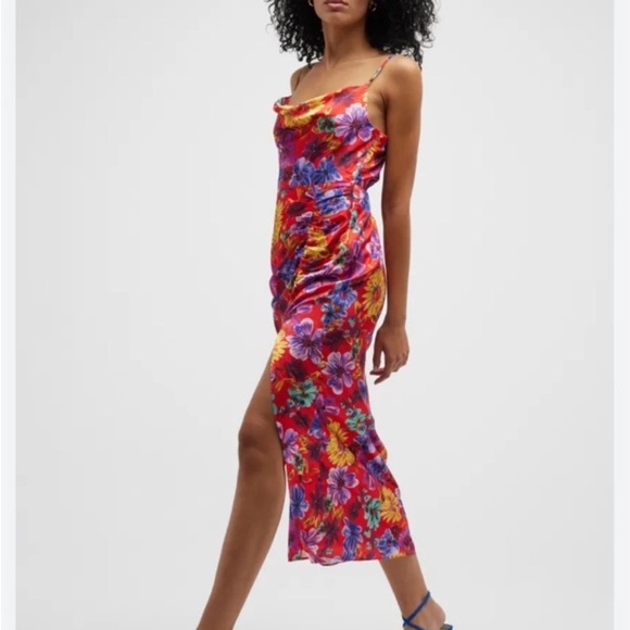 Milly Lilliana Ruched Red Floral-Print Sleeveless Midi Side Slit Dress Sz 8 NWT - Picture 1 of 16